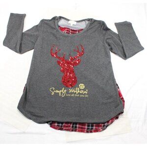 Simply Southern Gray Plaid Back Long Sleeve Top With Red Glitter Sequin Reindeer